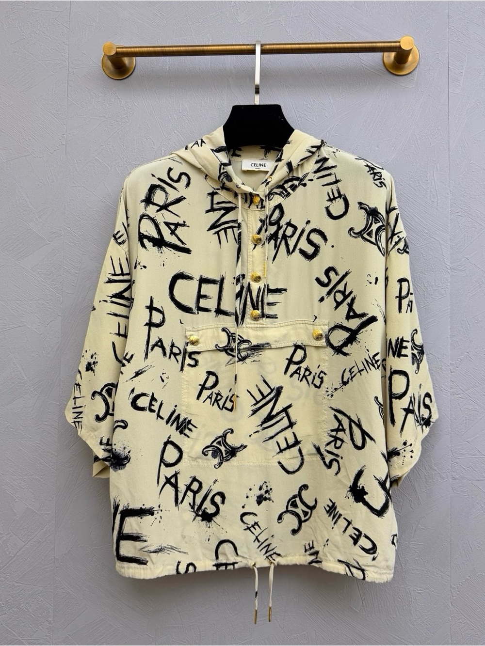Celine Cream Hooded Sweatshirt with Black Paris Graphic Print